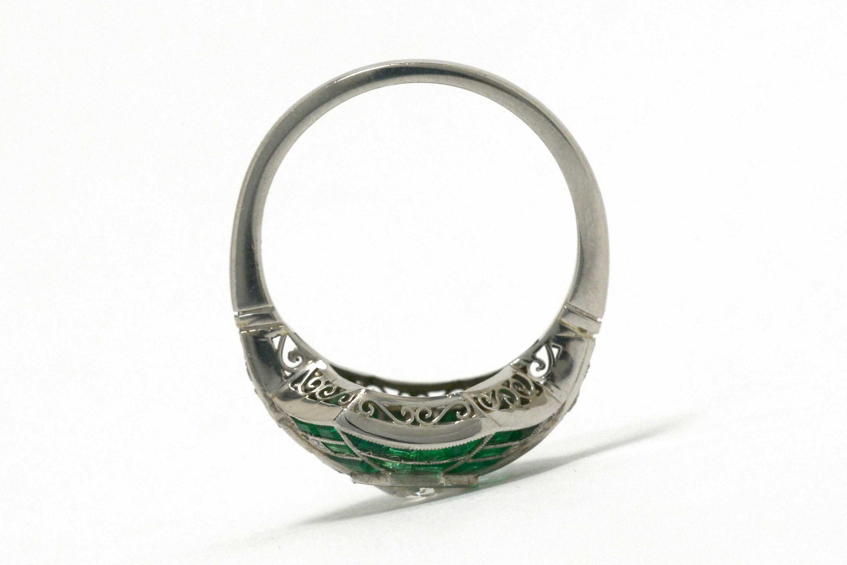 Women's Art Deco Inspired Old European Diamond Emerald Accent Platinum Engagement Ring