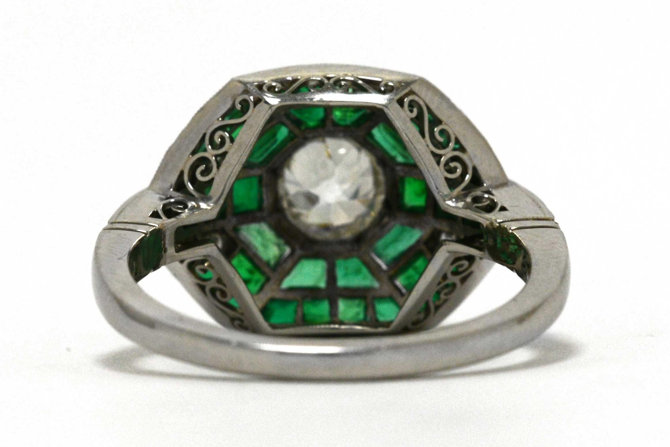 Art Deco Inspired Old European Diamond Emerald Accent Platinum Engagement Ring 1