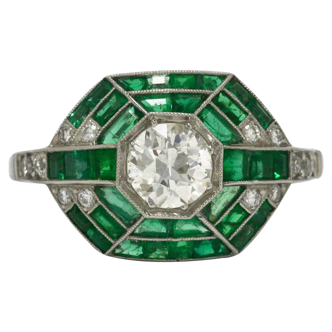 Art Deco Inspired Old European Diamond Emerald Accent Platinum Engagement Ring