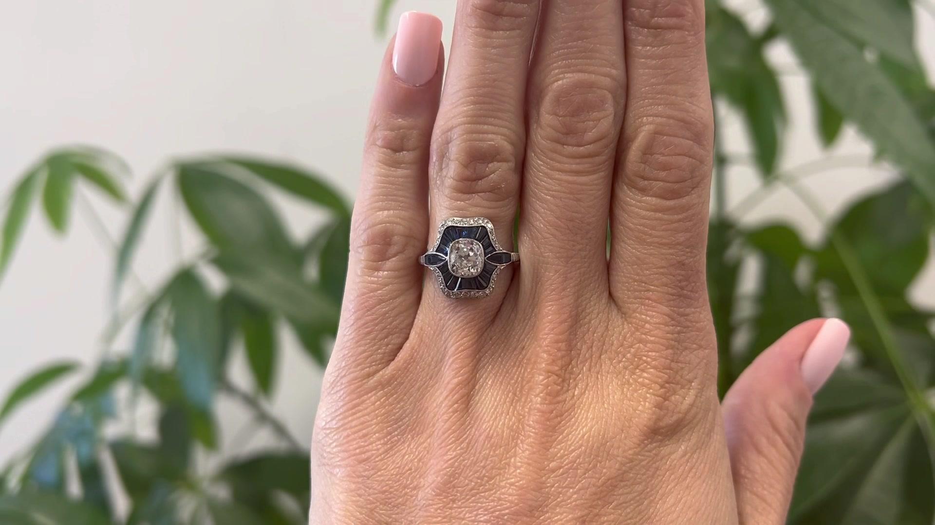Art Deco Inspired Old Mine Cut Diamond and Sapphire Platinum Ring In Excellent Condition For Sale In Beverly Hills, CA