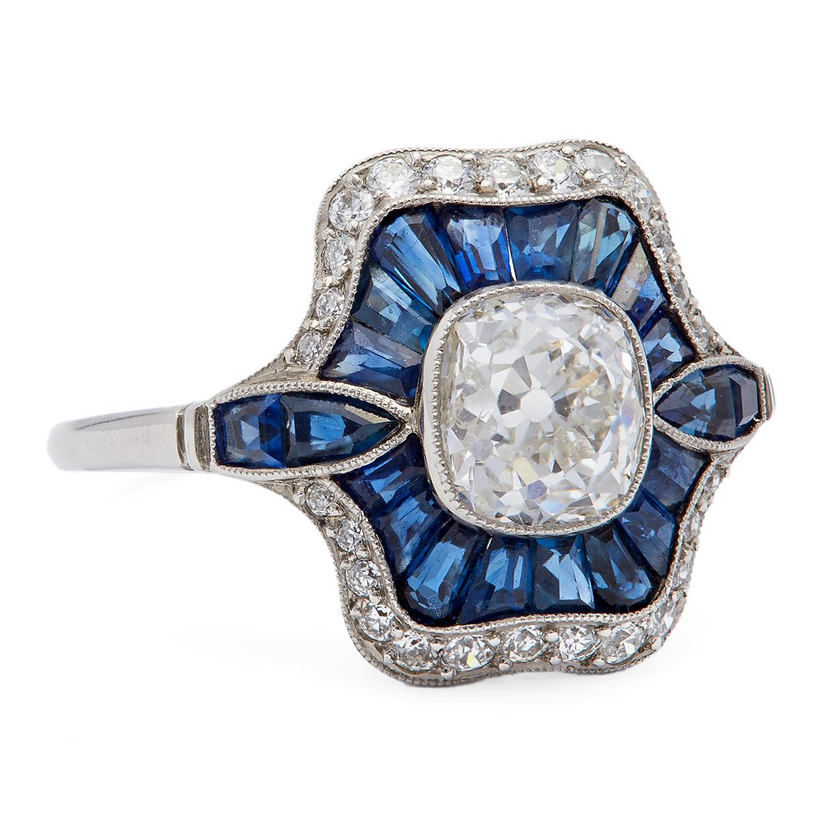 Art Deco Inspired Old Mine Cut Diamond and Sapphire Platinum Ring For Sale 1