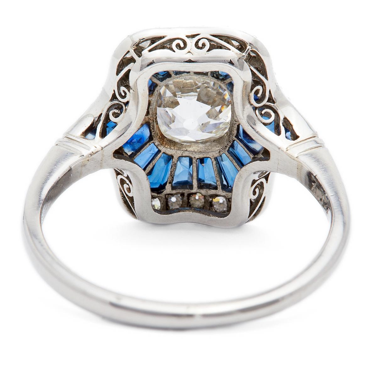 Art Deco Inspired Old Mine Cut Diamond and Sapphire Platinum Ring For Sale 2