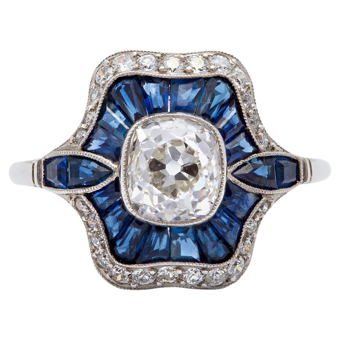 Art Deco Inspired Old Mine Cut Diamond and Sapphire Platinum Ring For