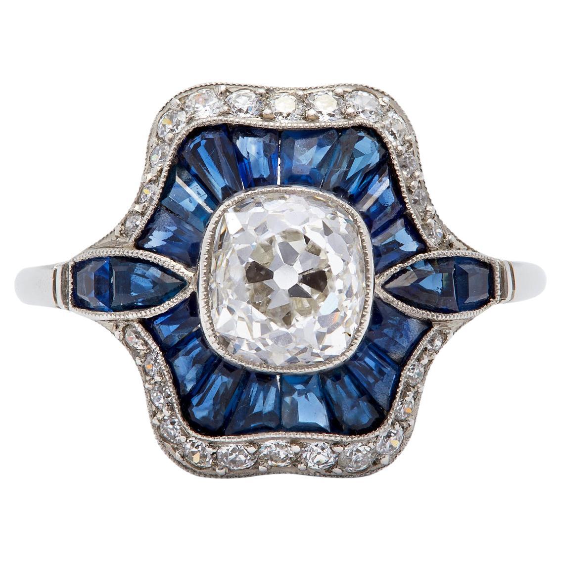 Art Deco Inspired Old Mine Cut Diamond and Sapphire Platinum Ring For Sale