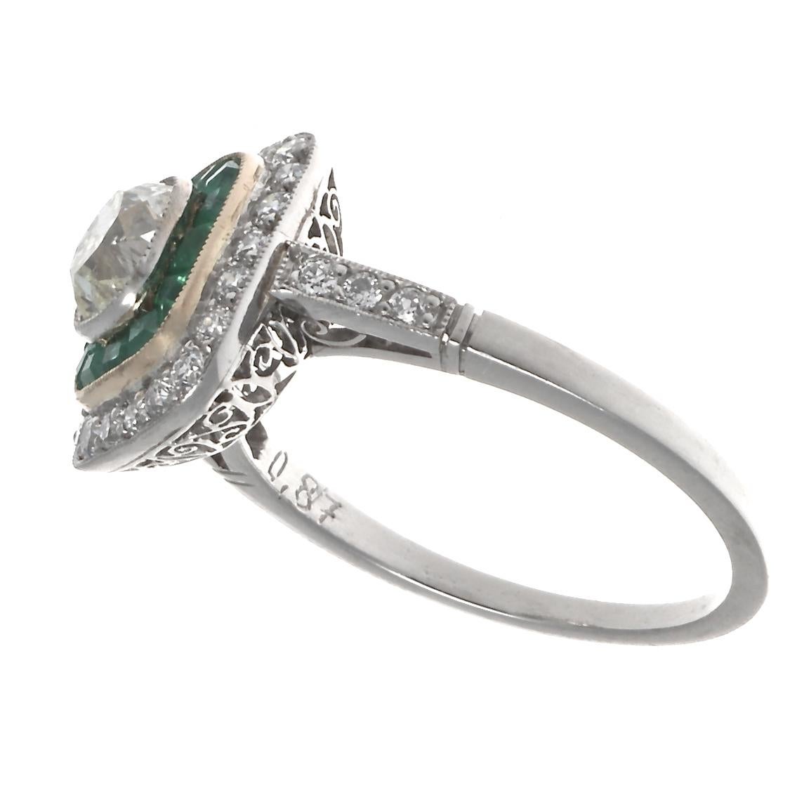 Art Deco Inspired Old Mine Cut Diamond Emerald Platinum Engagement Ring In New Condition In Beverly Hills, CA