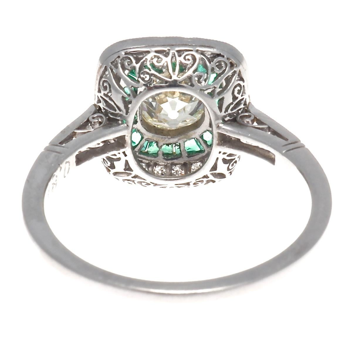 Art Deco Inspired Old Mine Cut Diamond Emerald Platinum Engagement Ring 1