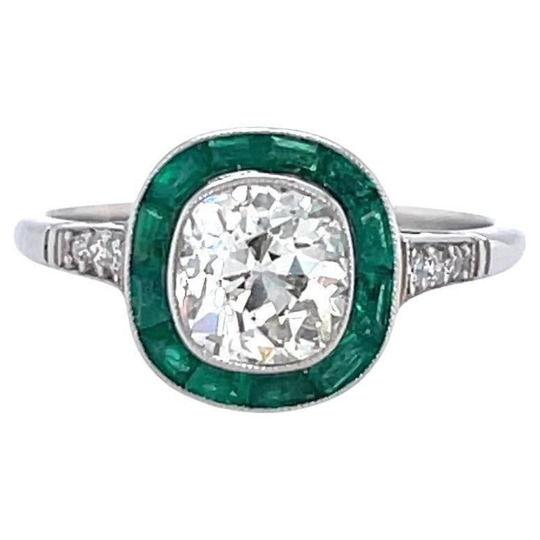 Art Deco Inspired Old Mine Cut Diamond Emerald Platinum Engagement Ring
