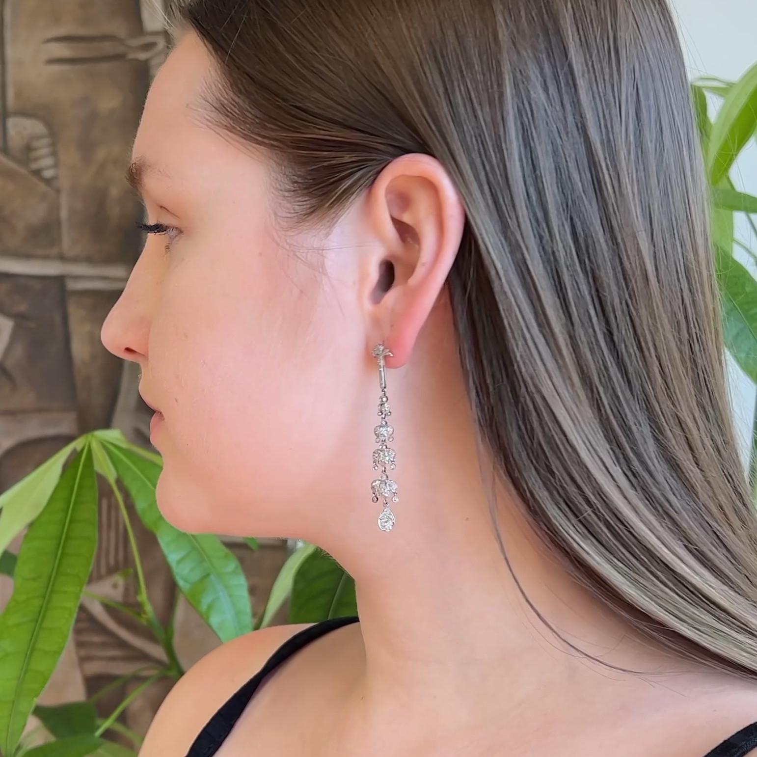 Women's or Men's Art Deco Inspired Old Mine Cut Diamond Platinum Chandelier Dangle Earrings For Sale