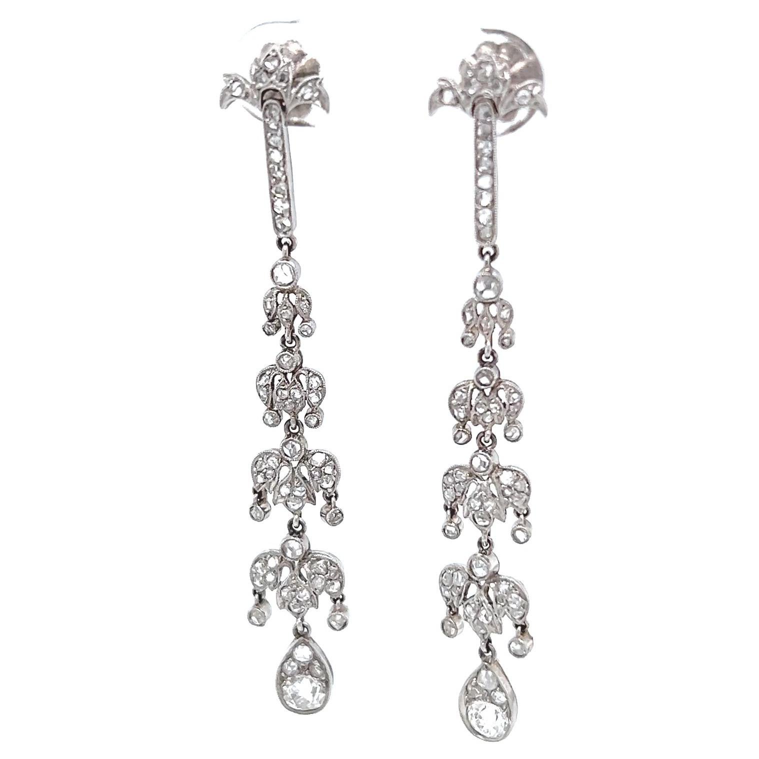 Art Deco Inspired Old Mine Cut Diamond Platinum Chandelier Dangle Earrings For Sale 1