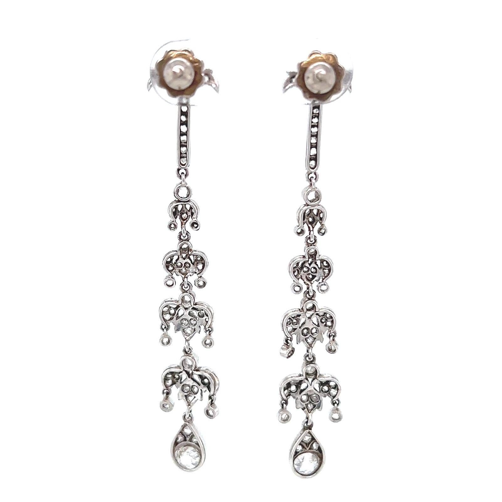 Art Deco Inspired Old Mine Cut Diamond Platinum Chandelier Dangle Earrings For Sale 2