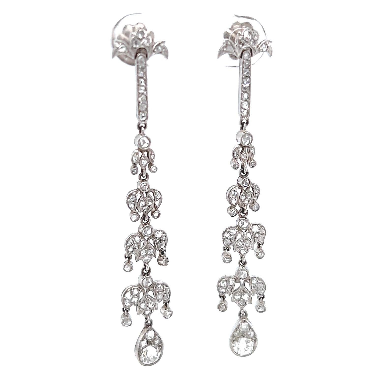 Art Deco Inspired Old Mine Cut Diamond Platinum Chandelier Dangle Earrings For Sale 3