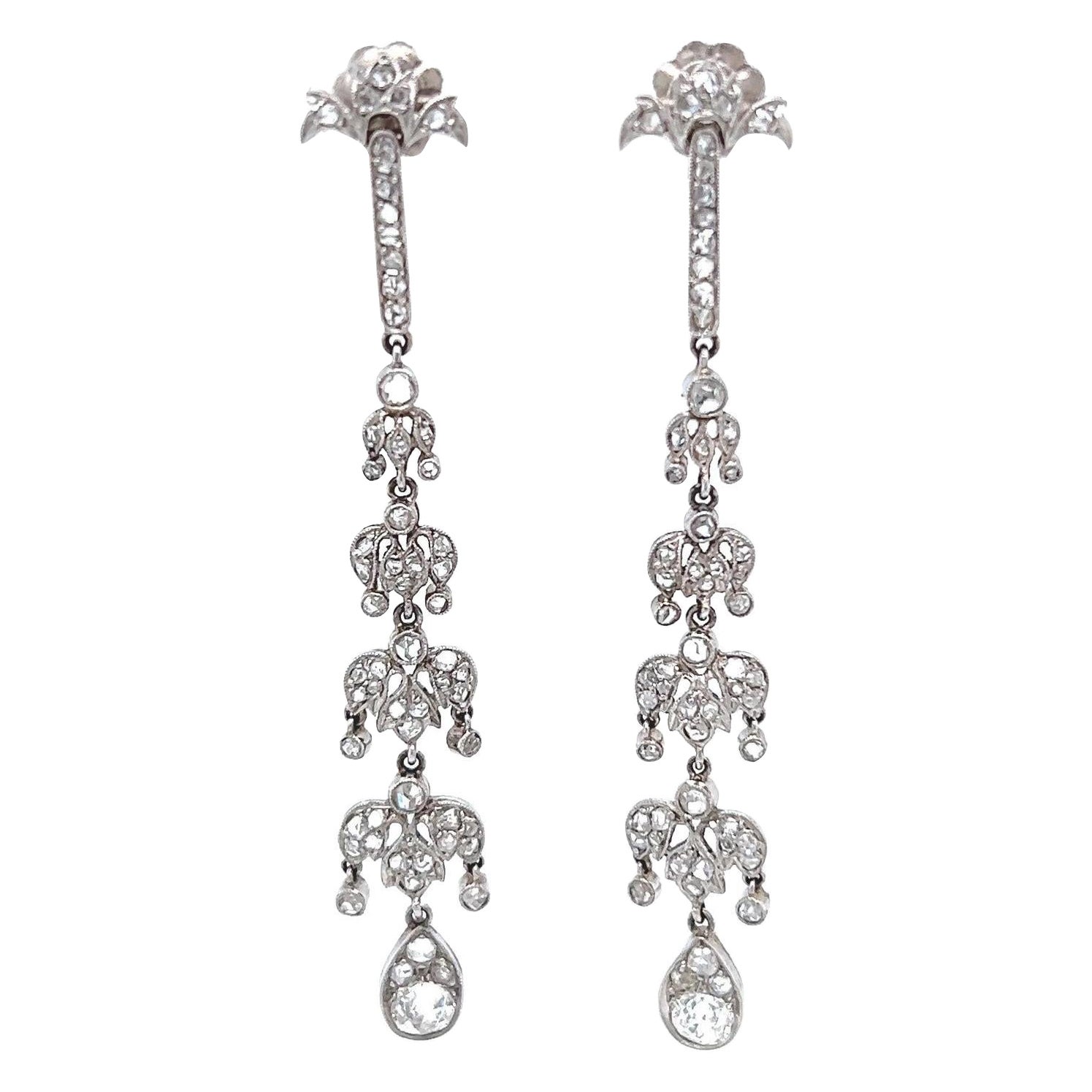 Art Deco Inspired Old Mine Cut Diamond Platinum Chandelier Dangle Earrings For Sale