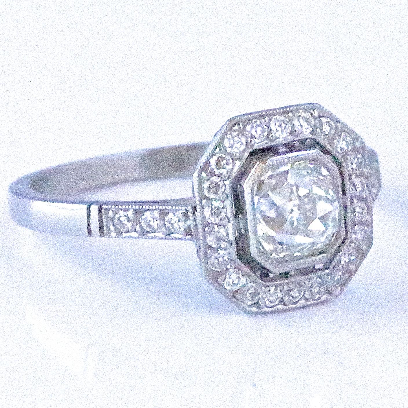 Art Deco Inspired Old Mine Cut Diamond Platinum Ring In New Condition In Beverly Hills, CA