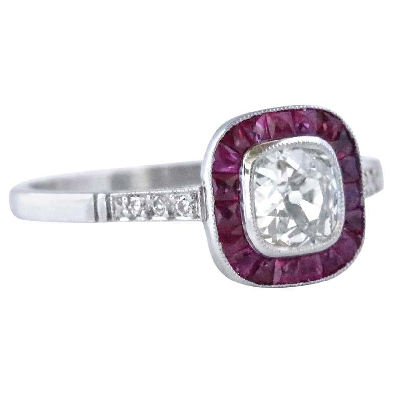 Art Deco Inspired Old Mine Cut Diamond Ruby Platinum Ring For Sale at ...