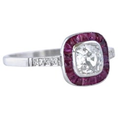 Art Deco Inspired Old Mine Cut Diamond Ruby Platinum Ring