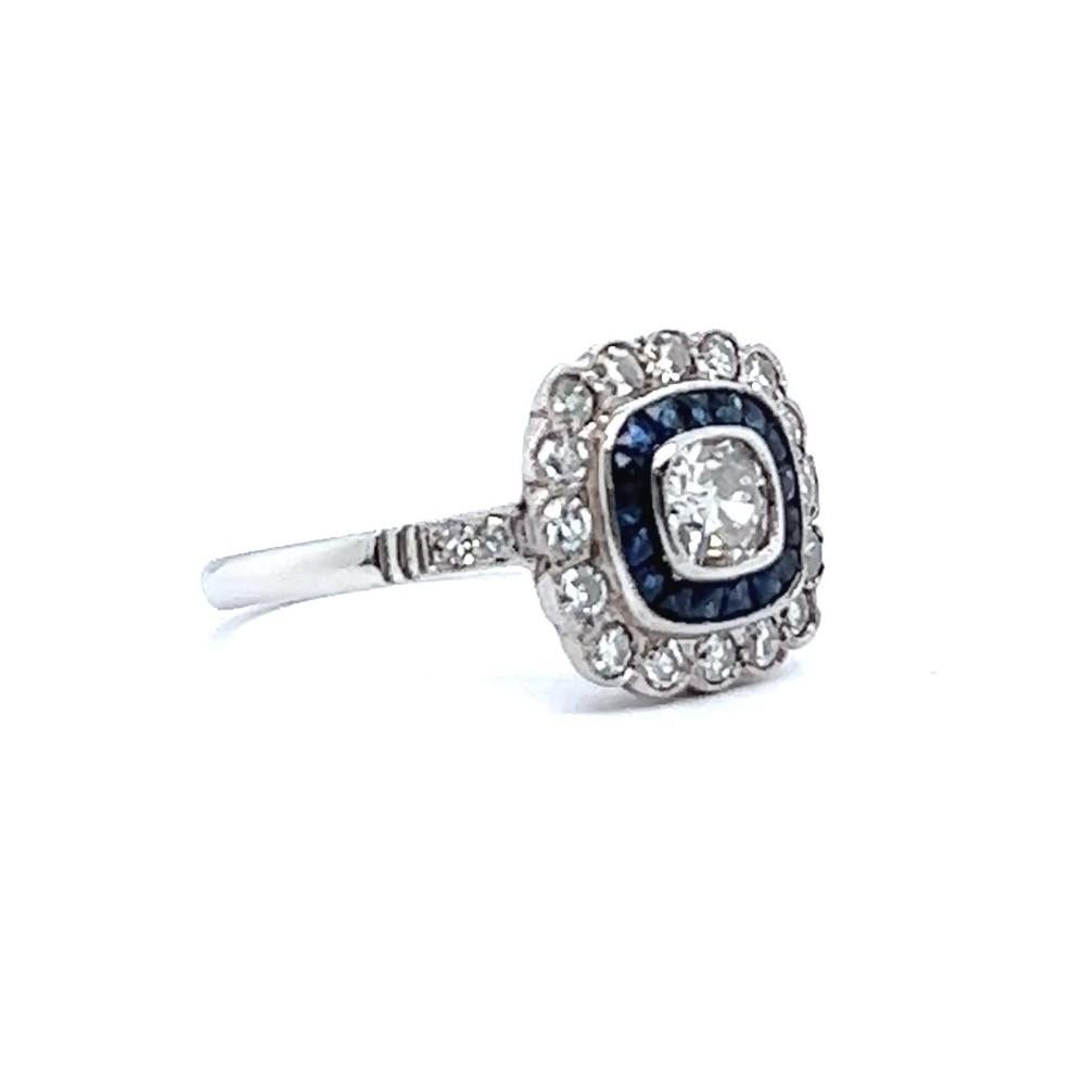 Women's or Men's Art Deco Inspired Old Mine Cut Diamond Sapphire Halo Ring For Sale