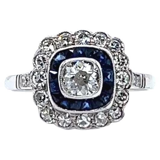 Art Deco Inspired Old Mine Cut Diamond Sapphire Halo Ring For Sale 1