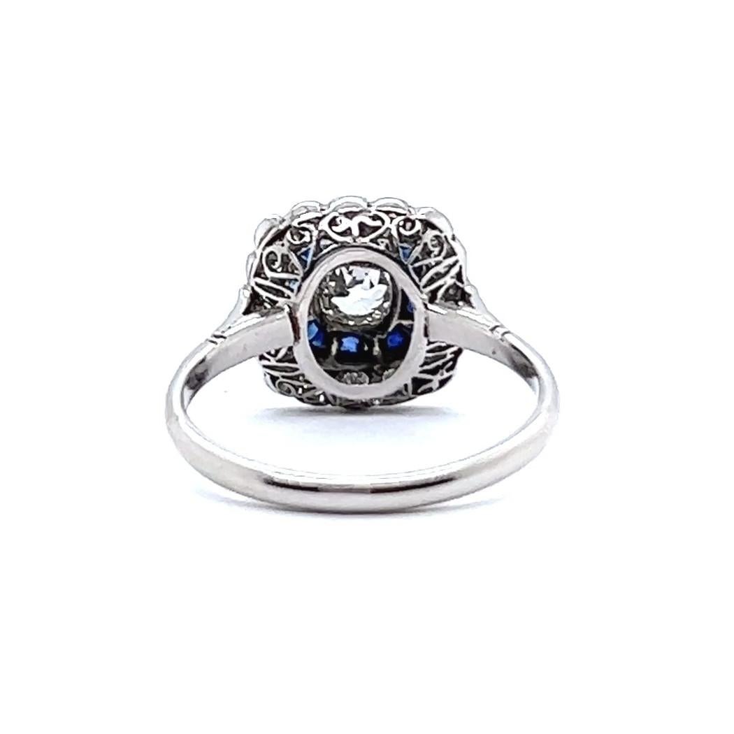 Art Deco Inspired Old Mine Cut Diamond Sapphire Halo Ring For Sale 2