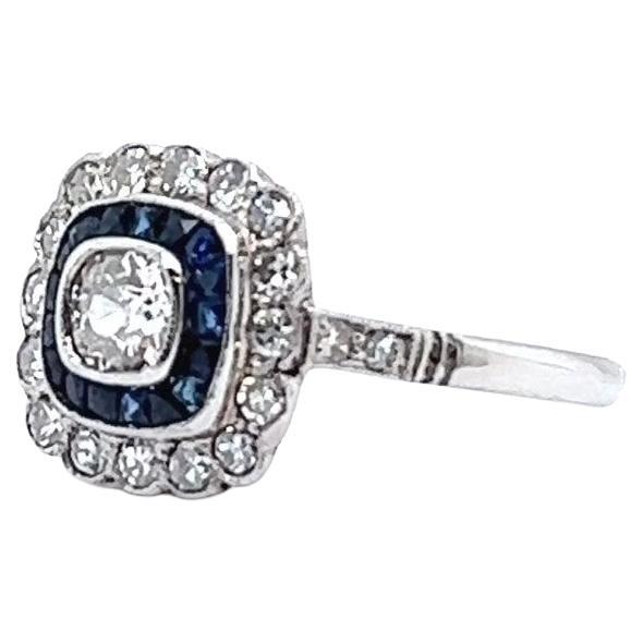 Art Deco Inspired Old Mine Cut Diamond Sapphire Halo Ring