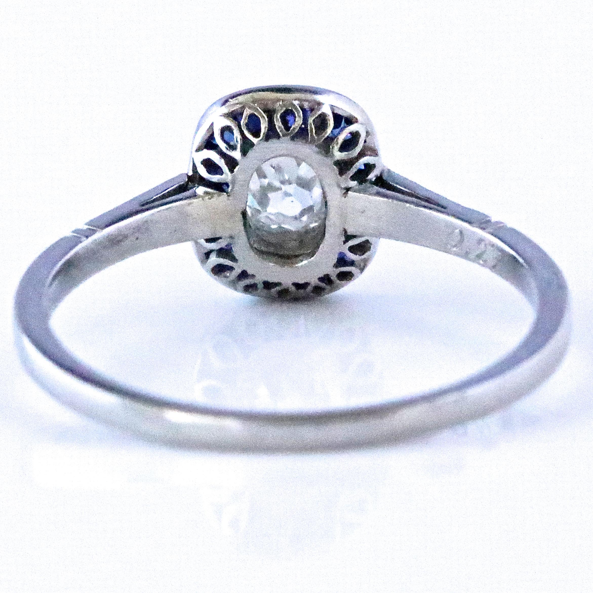 Women's Art Deco Inspired Old Mine Cut Diamond Sapphire Platinum Ring