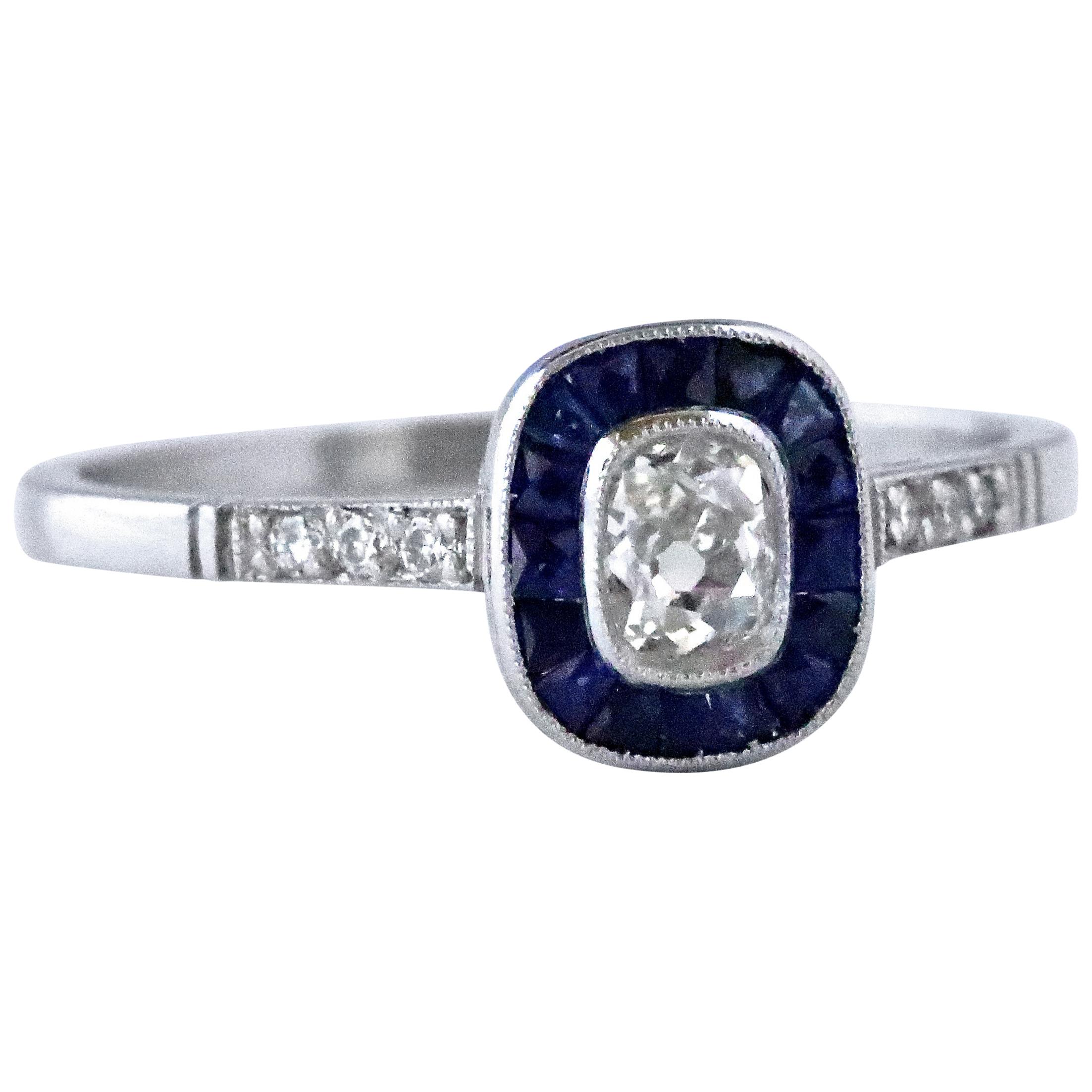 Art Deco Inspired Old Mine Cut Diamond Sapphire Platinum Ring