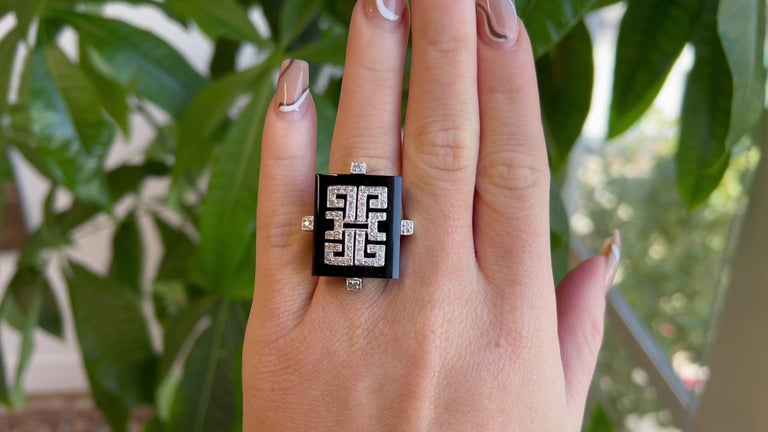 Art Deco Inspired Onyx Diamond 18 Karat White Gold Cocktail Ring at 1stDibs