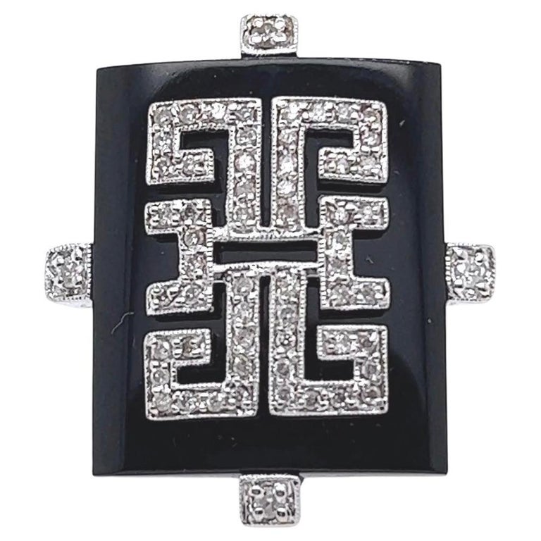 Art Deco Inspired Onyx Diamond 18 Karat White Gold Cocktail Ring at 1stDibs