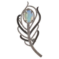Pendentif broche convertible en argent 925 inspiré de l'art déco et composé d'opales et de diamants