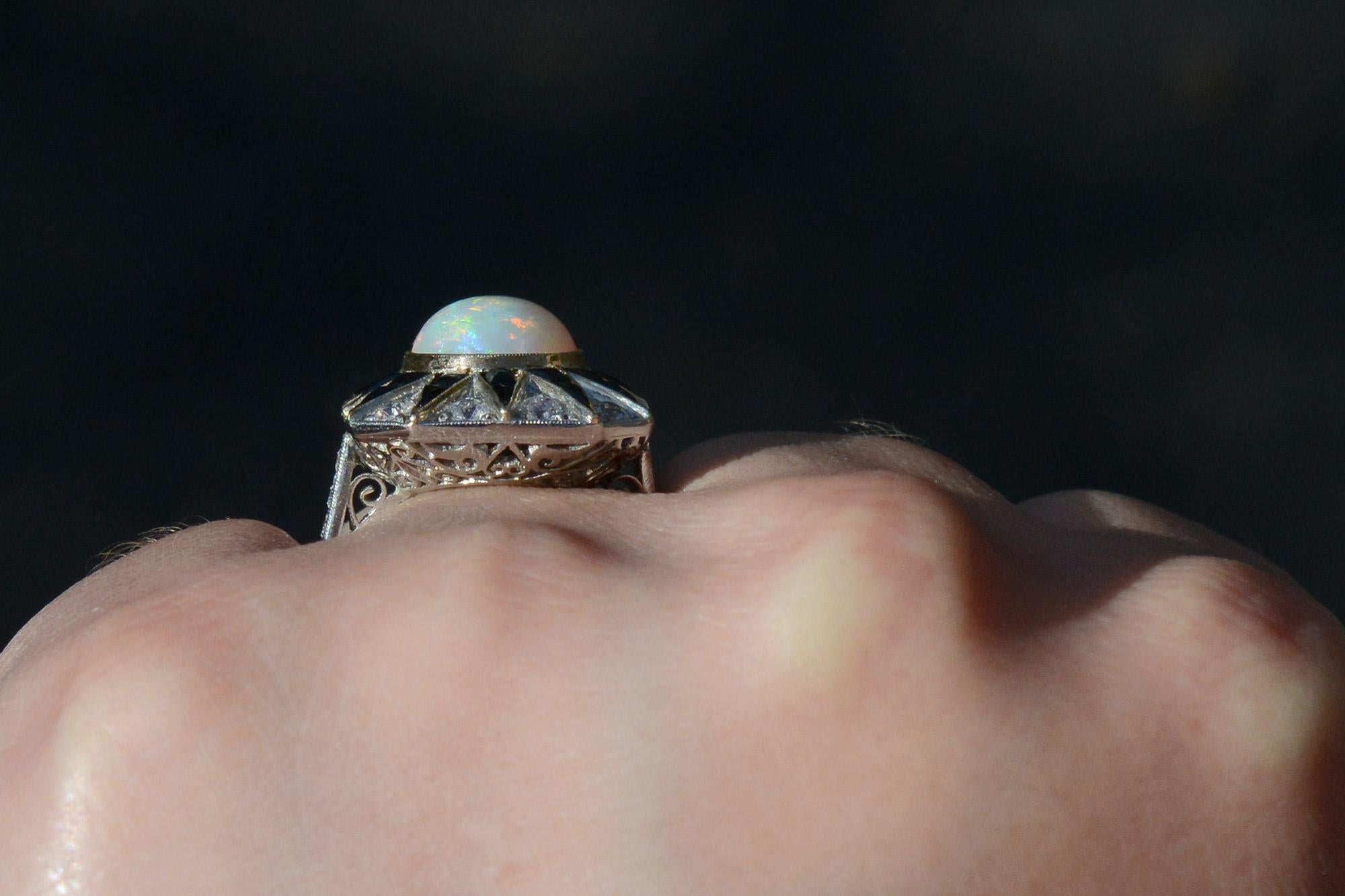 Cabochon Art Deco Inspired Opal Diamond Onyx Sunburst Cocktail Ring