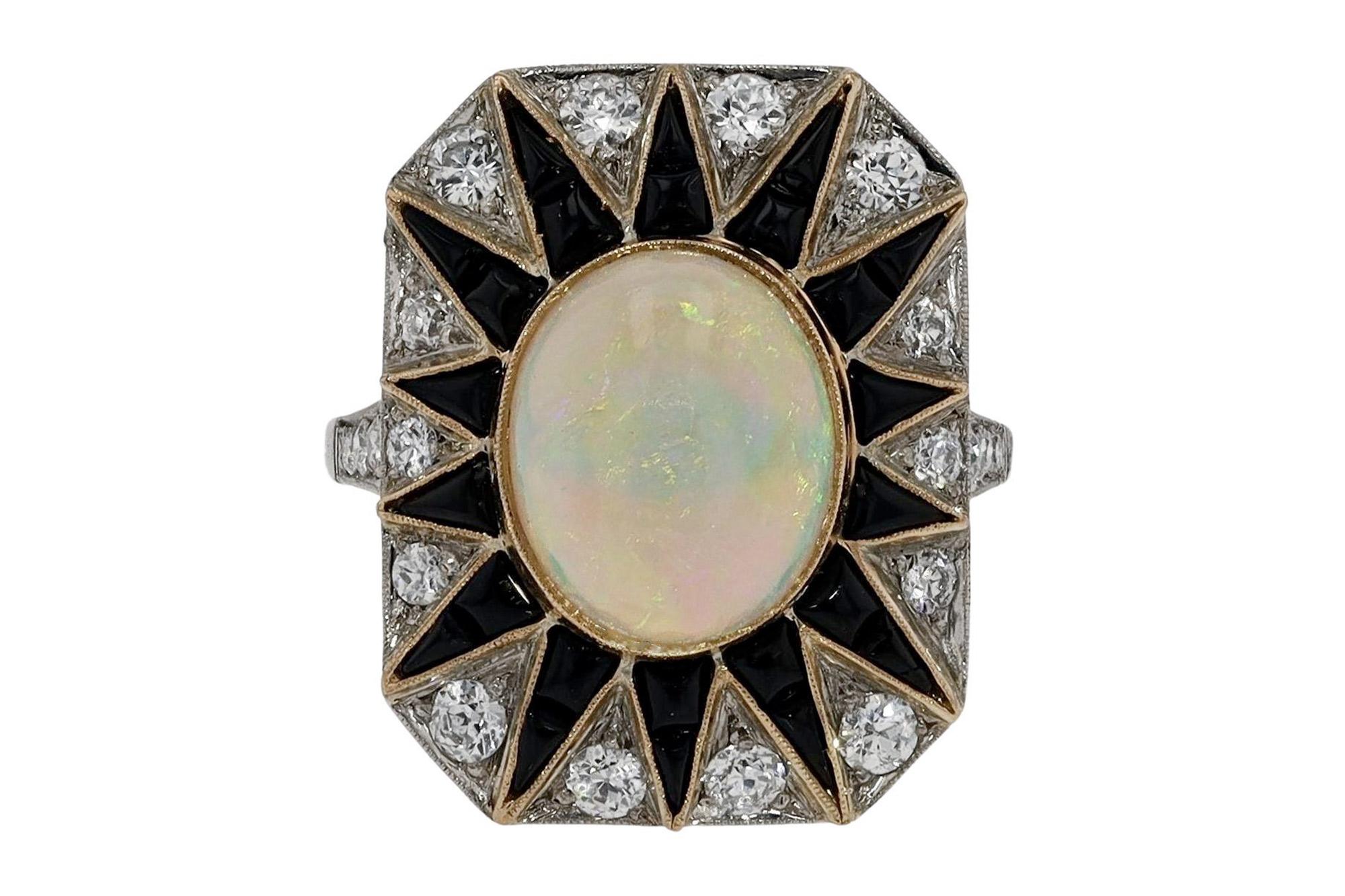 Art Deco Inspired Opal Diamond Onyx Sunburst Cocktail Ring In New Condition In Santa Barbara, CA