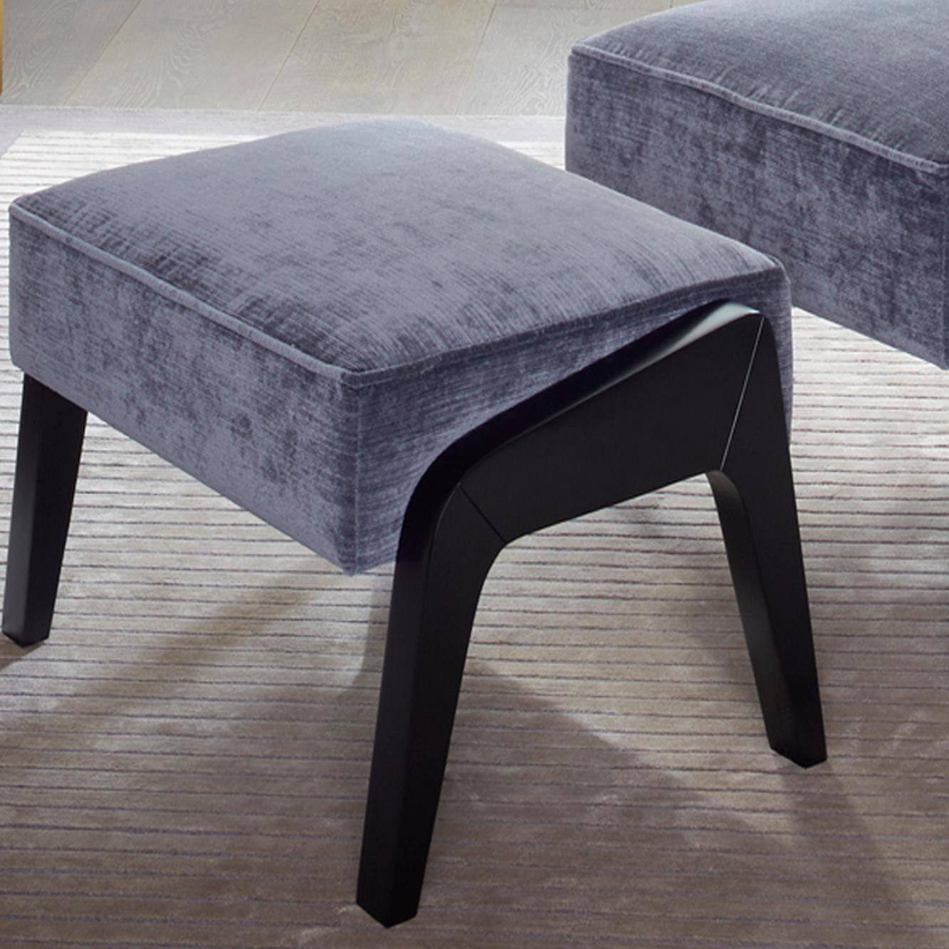 British Art Deco Inspired Ottoman in Beech Black Ebony and Storm Grey Ribbed Velvet For Sale