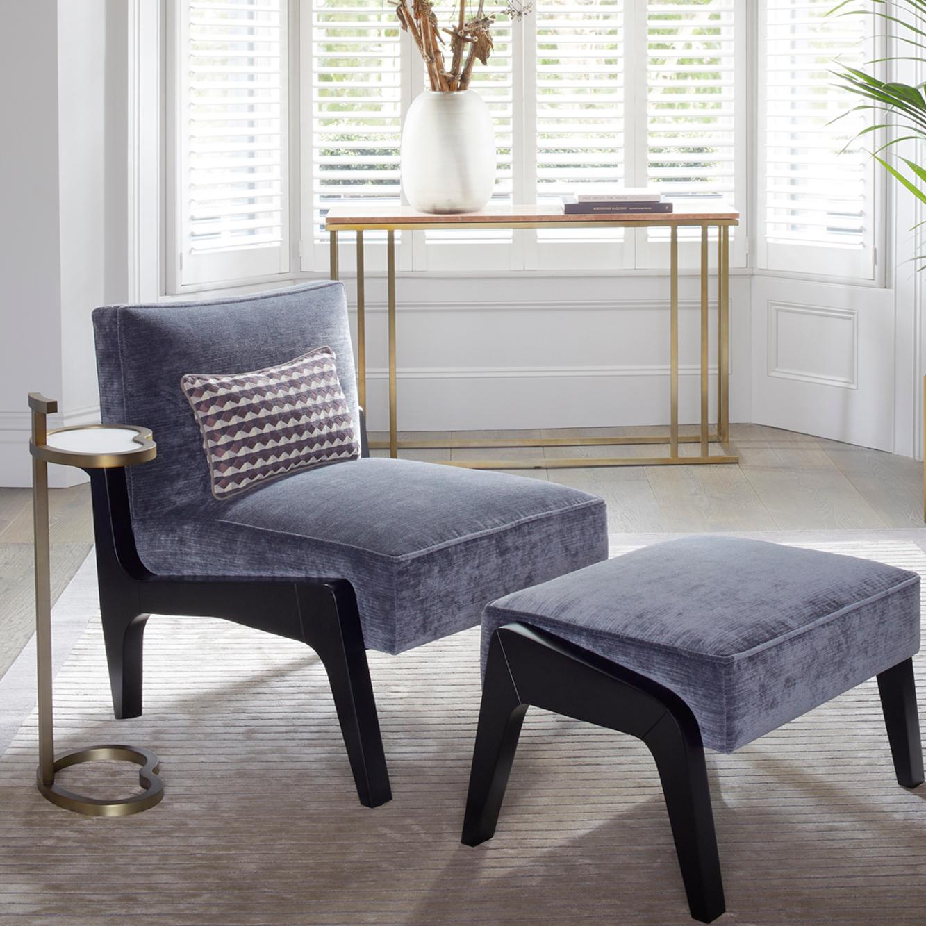 Woodwork Art Deco Inspired Ottoman in Beech Black Ebony and Storm Grey Ribbed Velvet For Sale