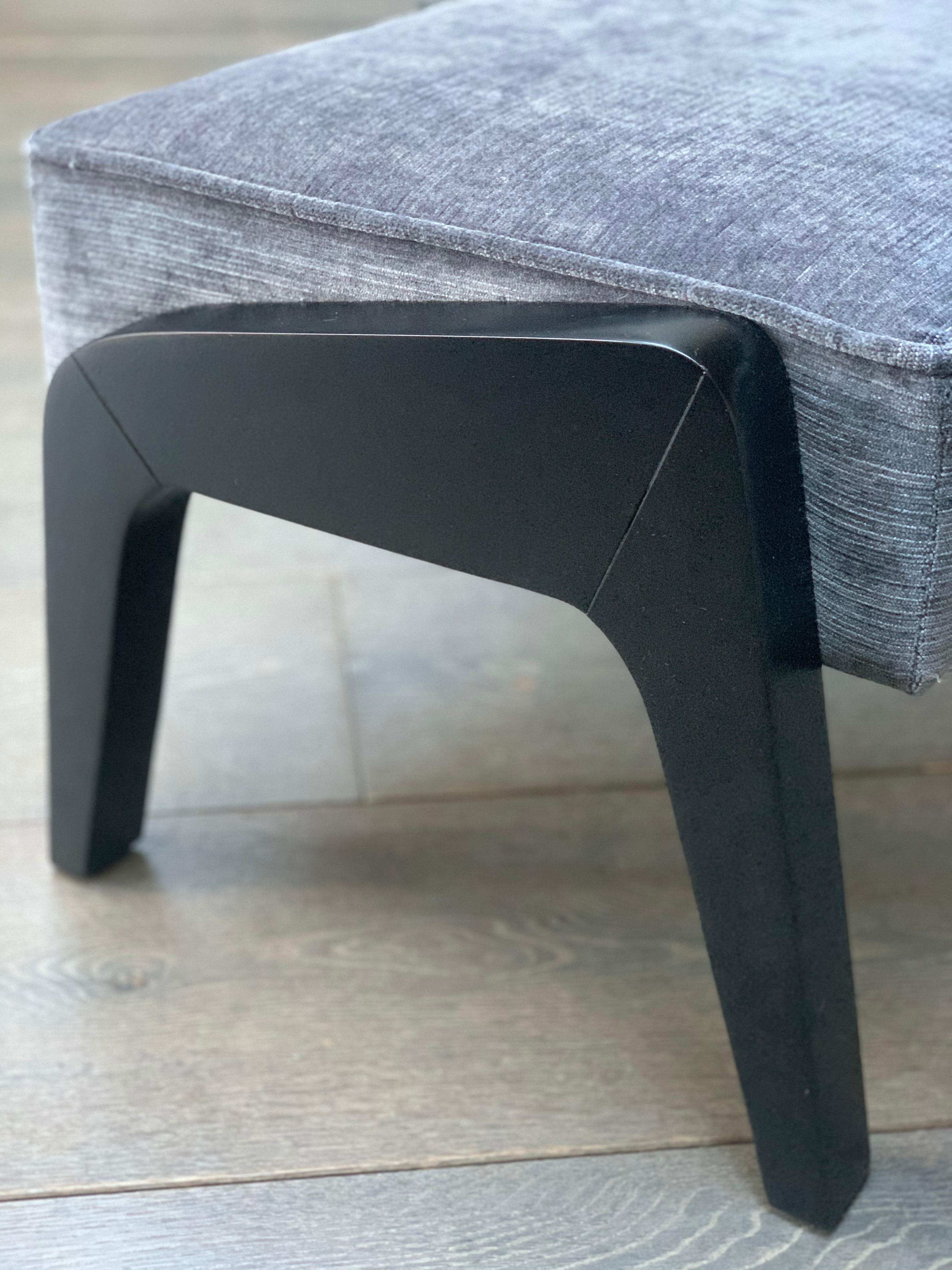 Contemporary Art Deco Inspired Ottoman in Beech Black Ebony and Storm Grey Ribbed Velvet For Sale