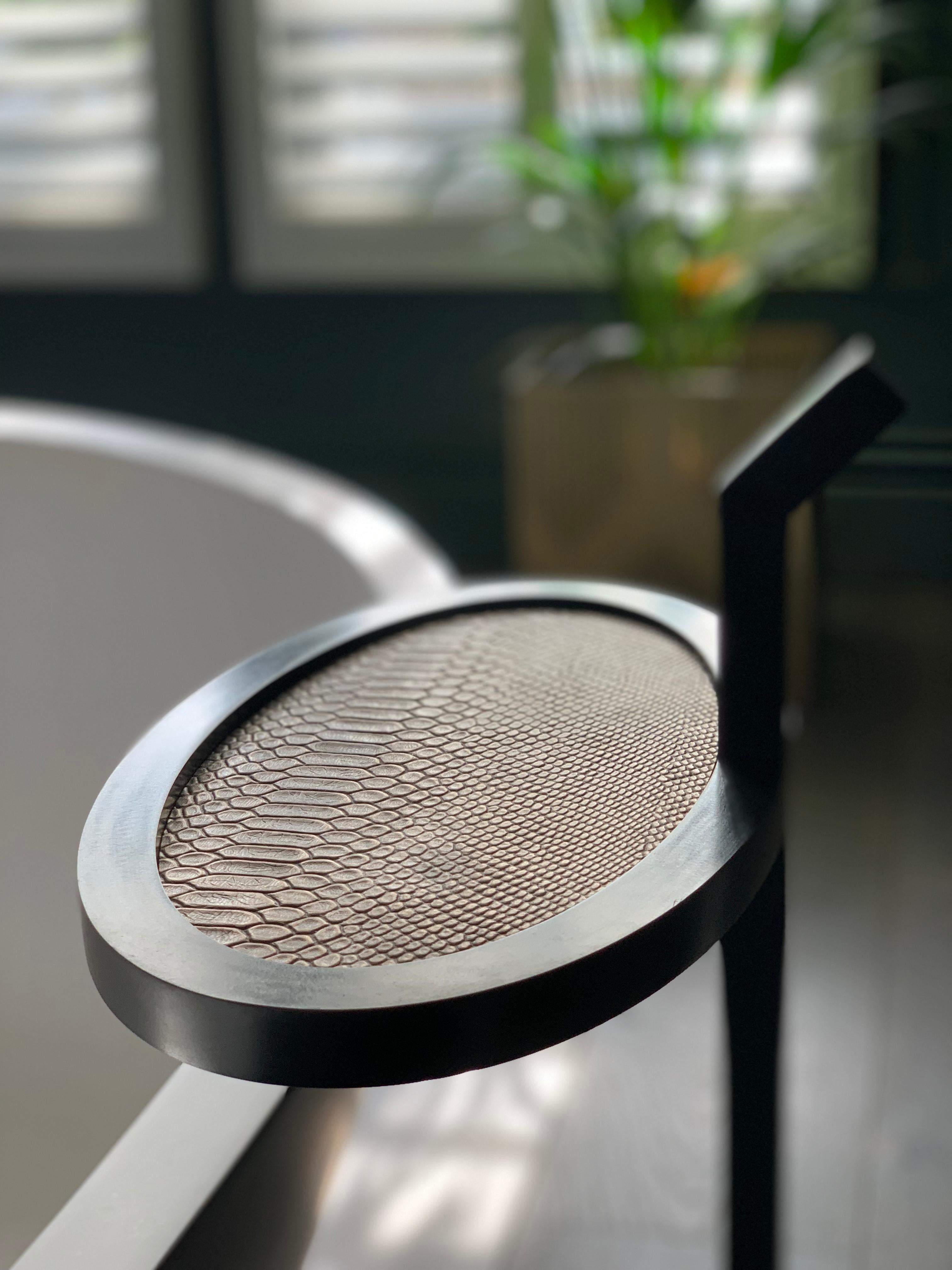 Powder-Coated Art Deco Inspired Oval Manhattan Martini Table blackened steel and rattle snake