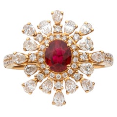 Art Deco Inspired Oval Ruby Ring with Double Diamond Halo in 18K Yellow Gold
