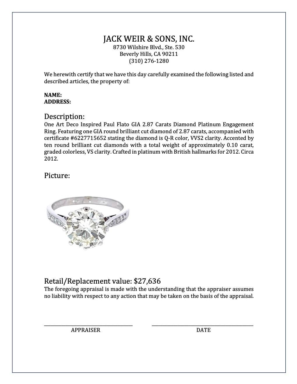 Platin-Verlobungsring, Art déco-inspiriert, Paul Flato, GIA 2,77 Karat Diamant 3