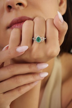 Art Deco Inspired Pear Emerald & Diamond Halo Engagement Ring in 14K White Gold