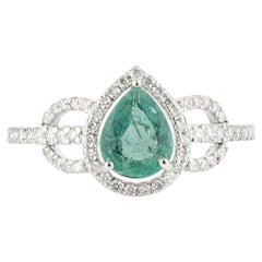 Art Deco Inspired Pear Emerald & Diamond Halo Engagement Ring in 14K White Gold