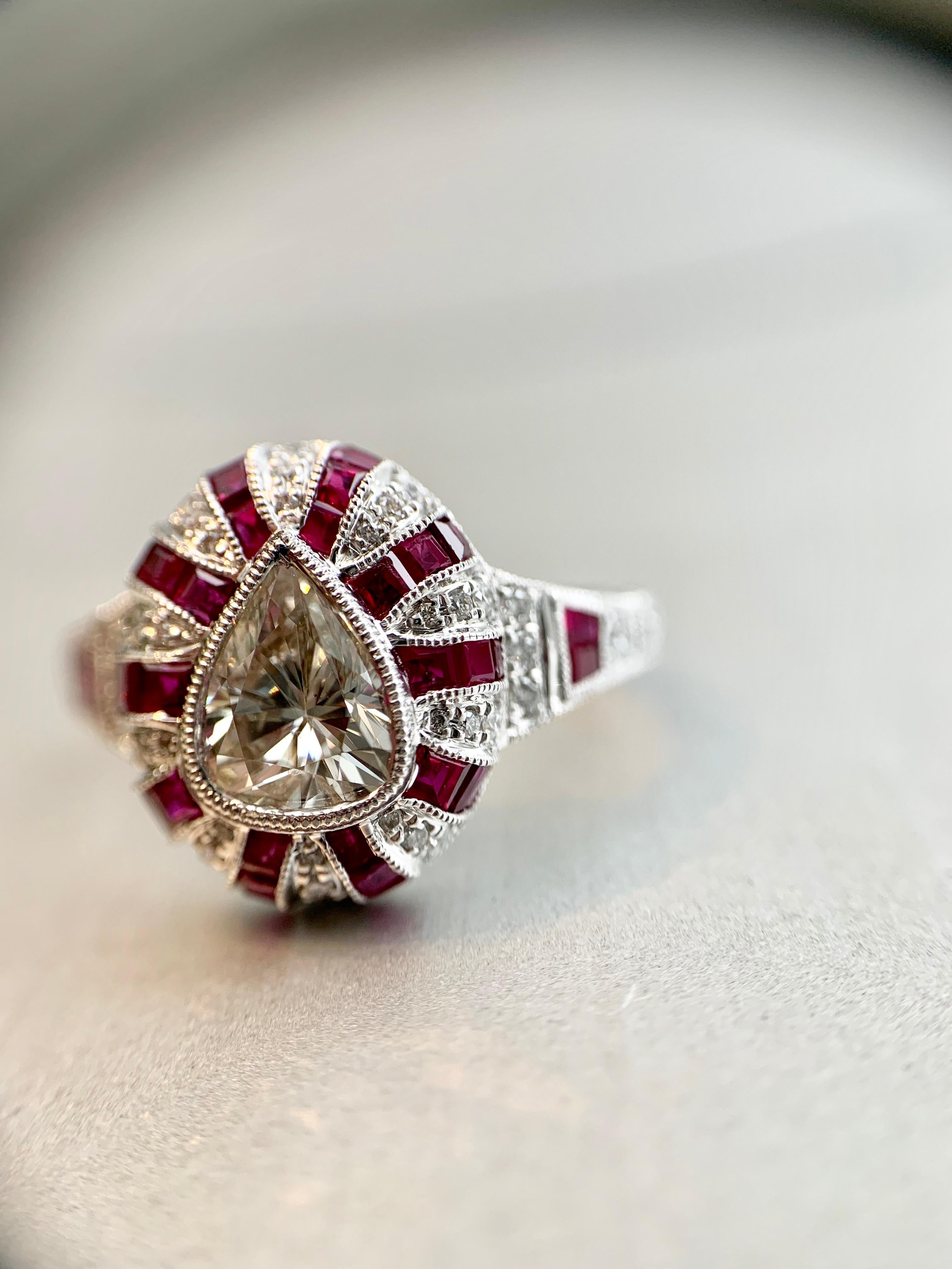 Art Deco Inspired Pear Shape Diamond and Ruby Ring 6