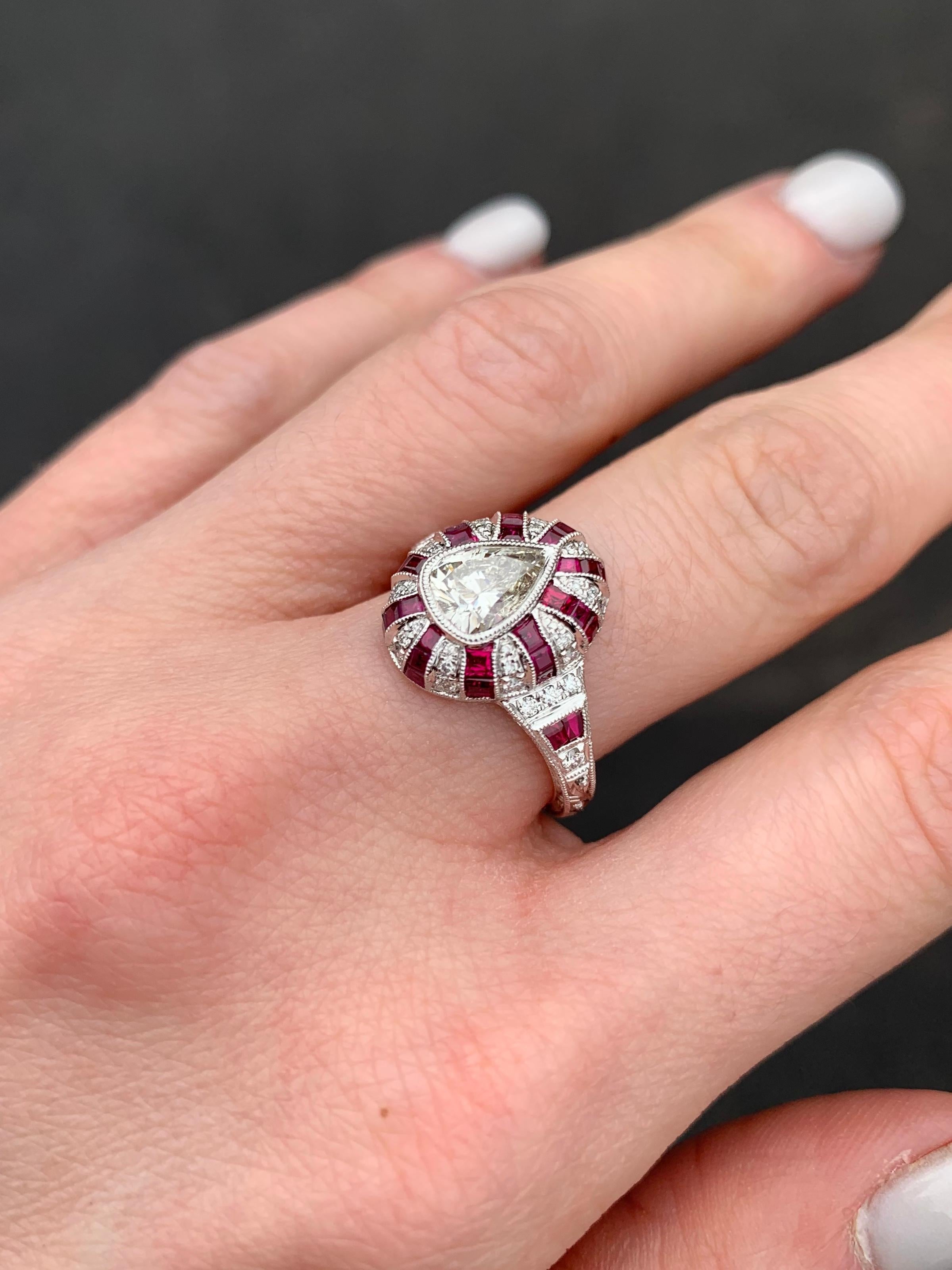 Art Deco Inspired Pear Shape Diamond and Ruby Ring 8