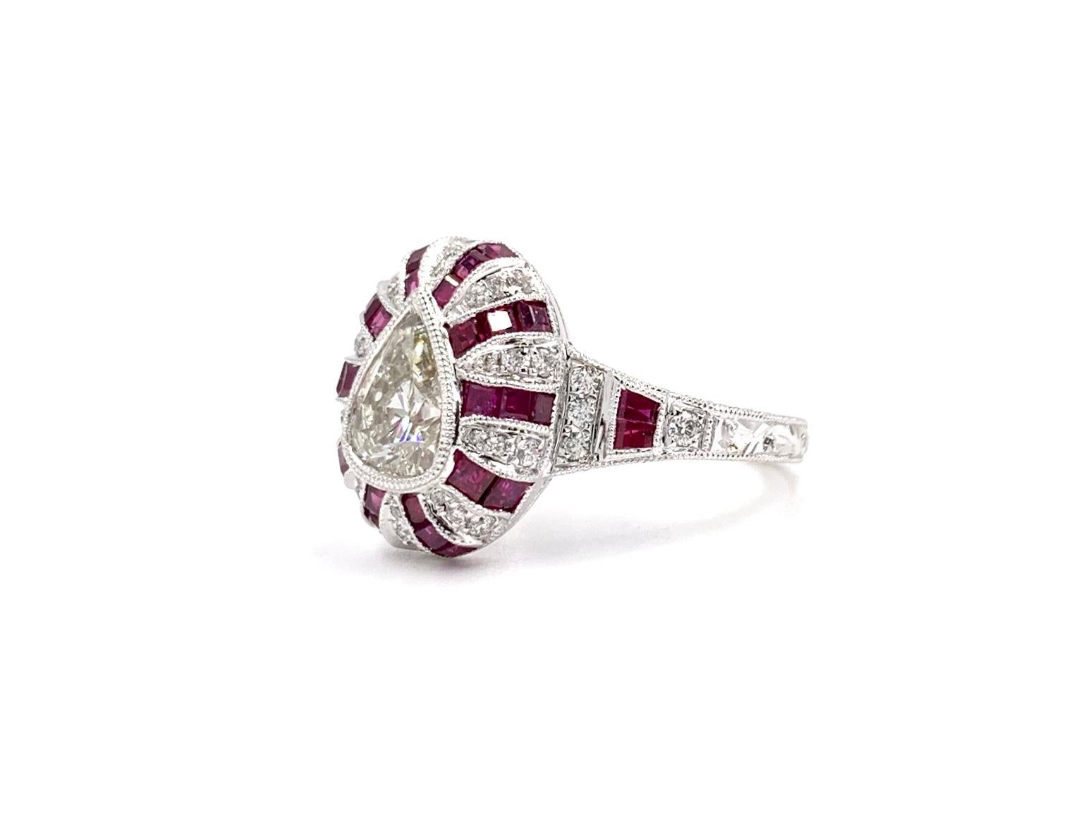 Art Deco Inspired Pear Shape Diamond and Ruby Ring 1
