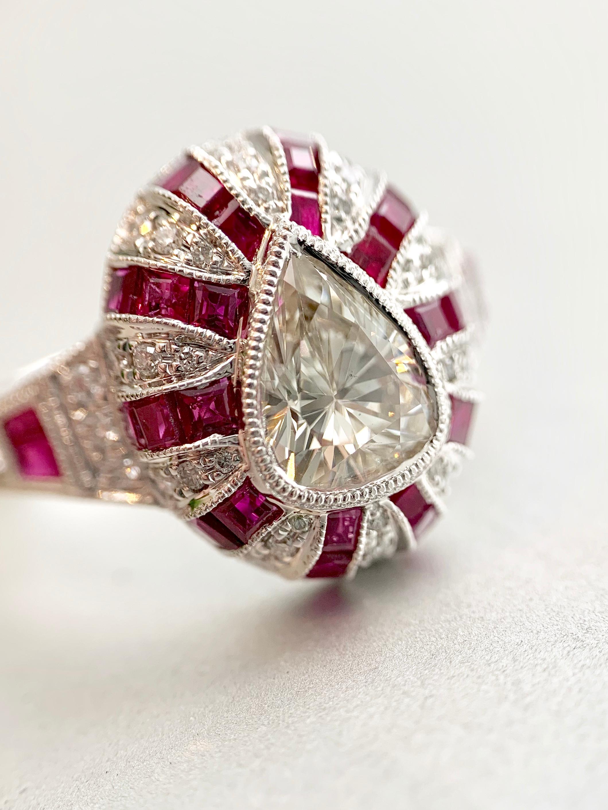 Art Deco Inspired Pear Shape Diamond and Ruby Ring 2