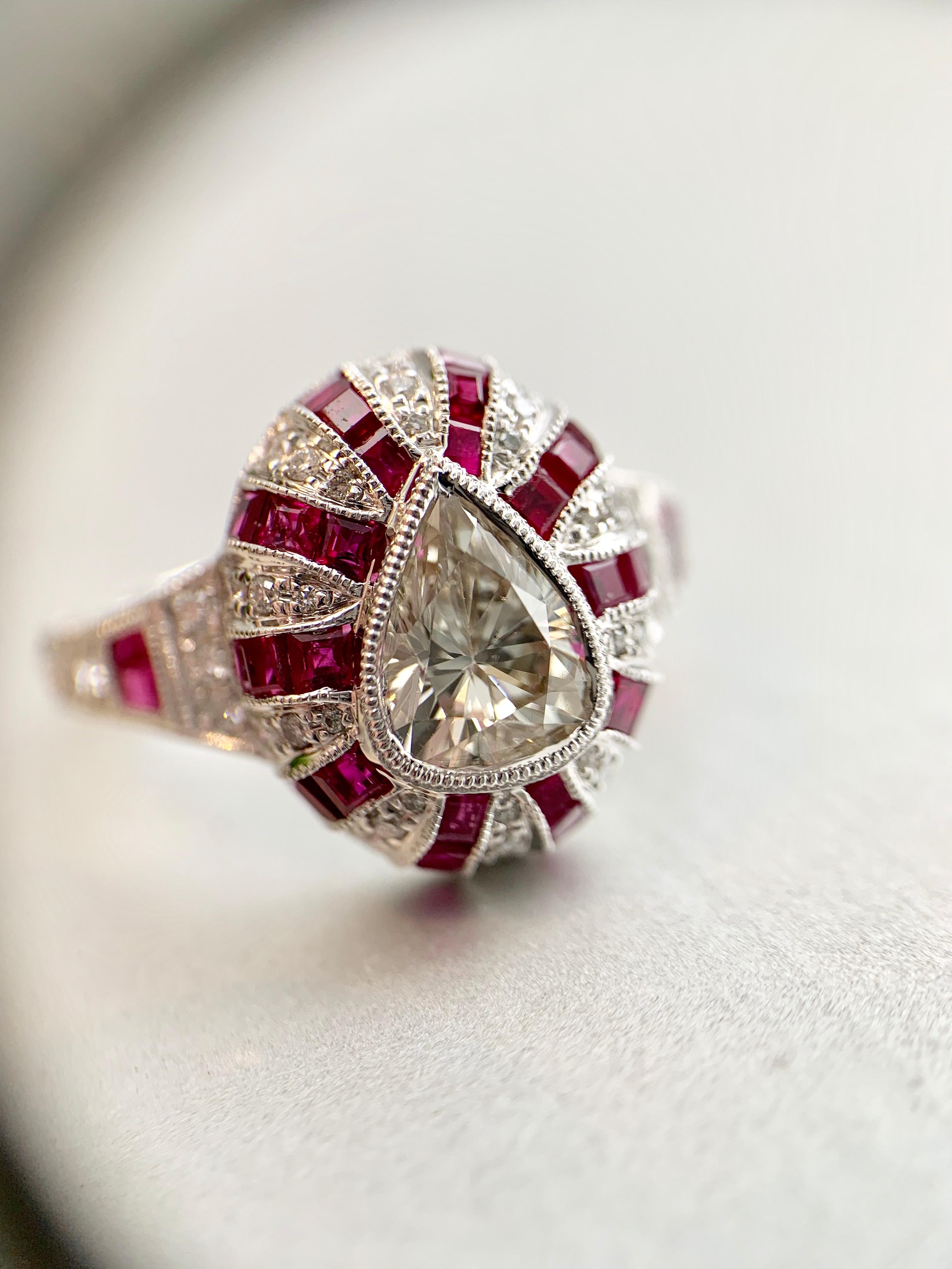 Art Deco Inspired Pear Shape Diamond and Ruby Ring 3