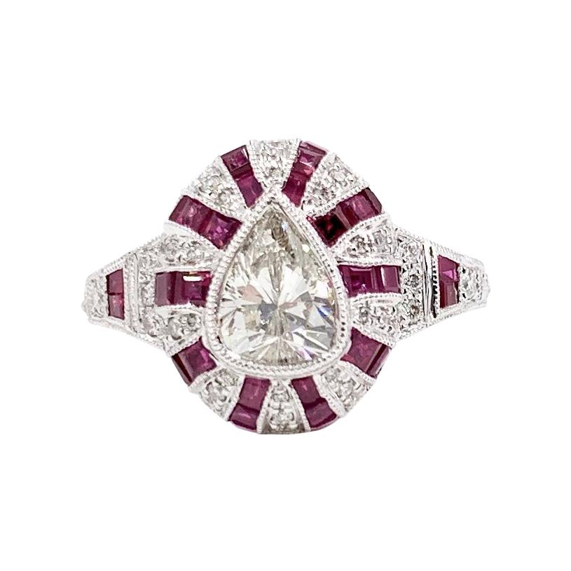 Art Deco Inspired Pear Shape Diamond and Ruby Ring