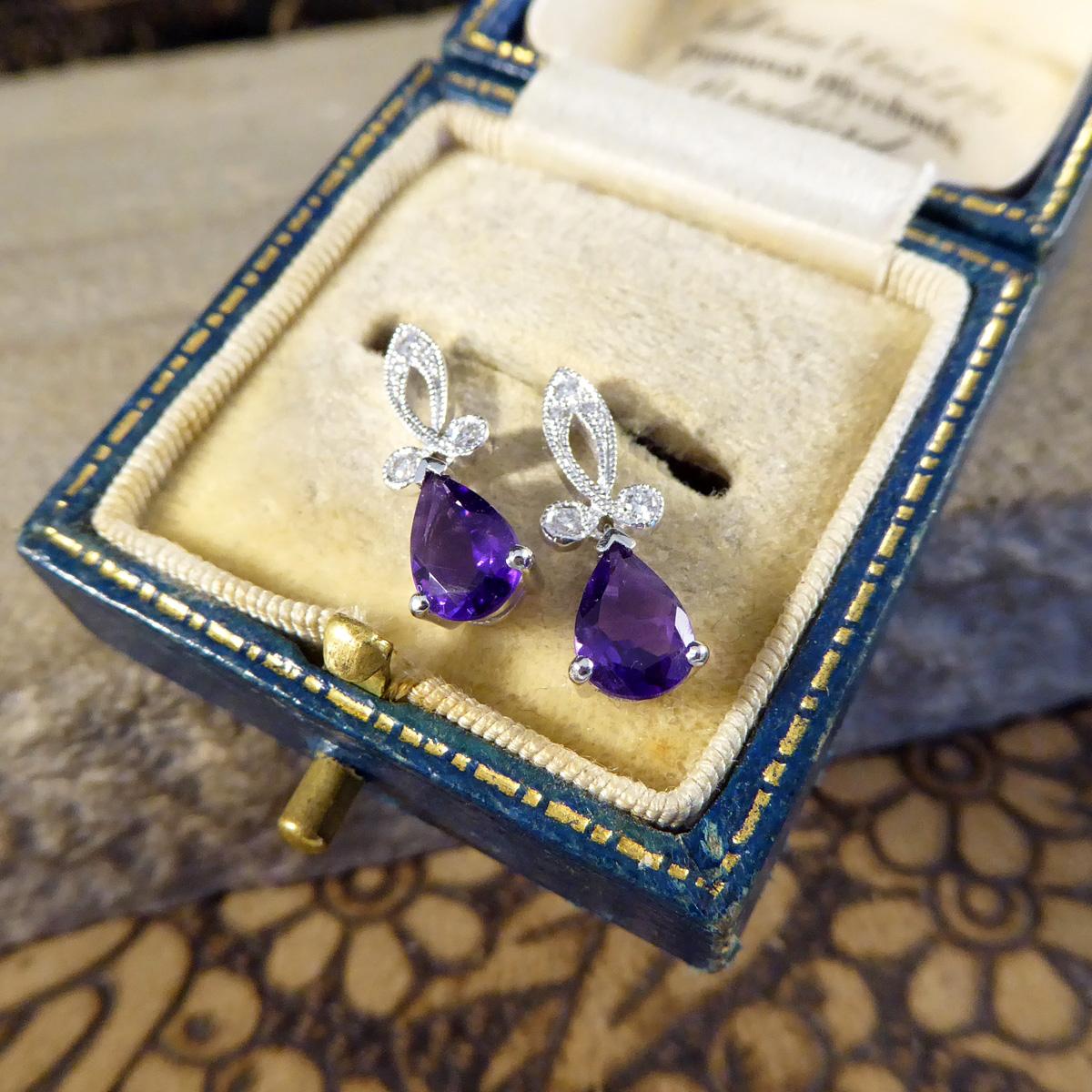 Art Deco Inspired Pear Shaped Amethyst Drop Earrings with Diamonds in 18ct White In New Condition For Sale In Yorkshire, West Yorkshire