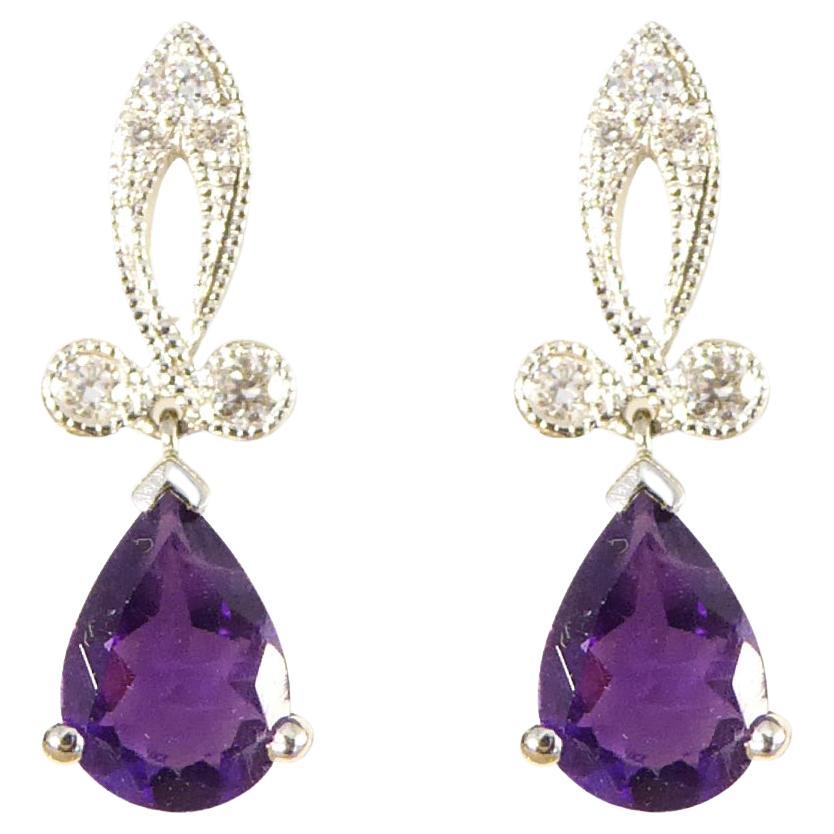 Art Deco Inspired Pear Shaped Amethyst Drop Earrings with Diamonds in 18ct White For Sale