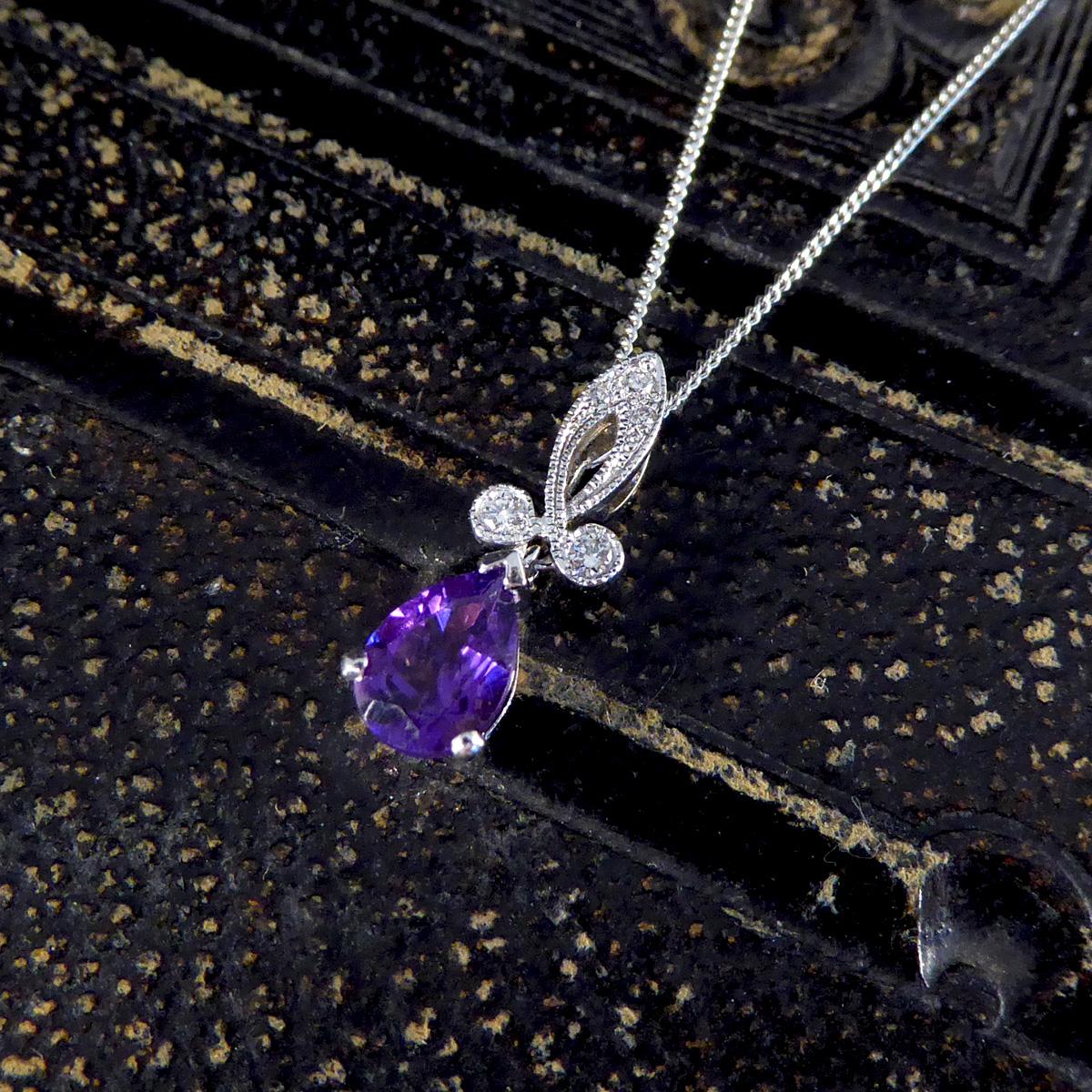 Pear Cut Art Deco Inspired Pear Shaped Amethyst Drop Necklace with Diamonds in 18ct White For Sale