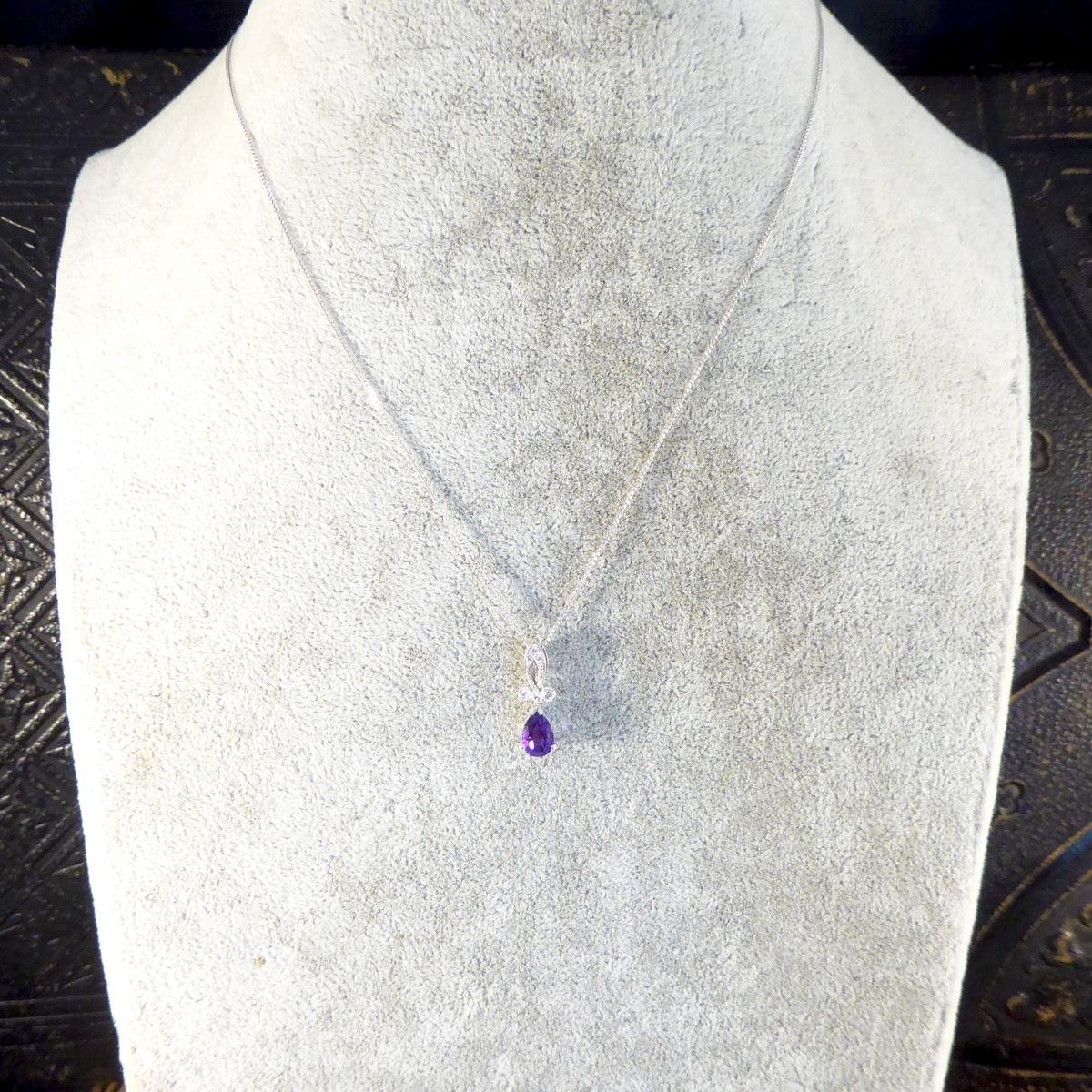 Art Deco Inspired Pear Shaped Amethyst Drop Necklace with Diamonds in 18ct White For Sale 1