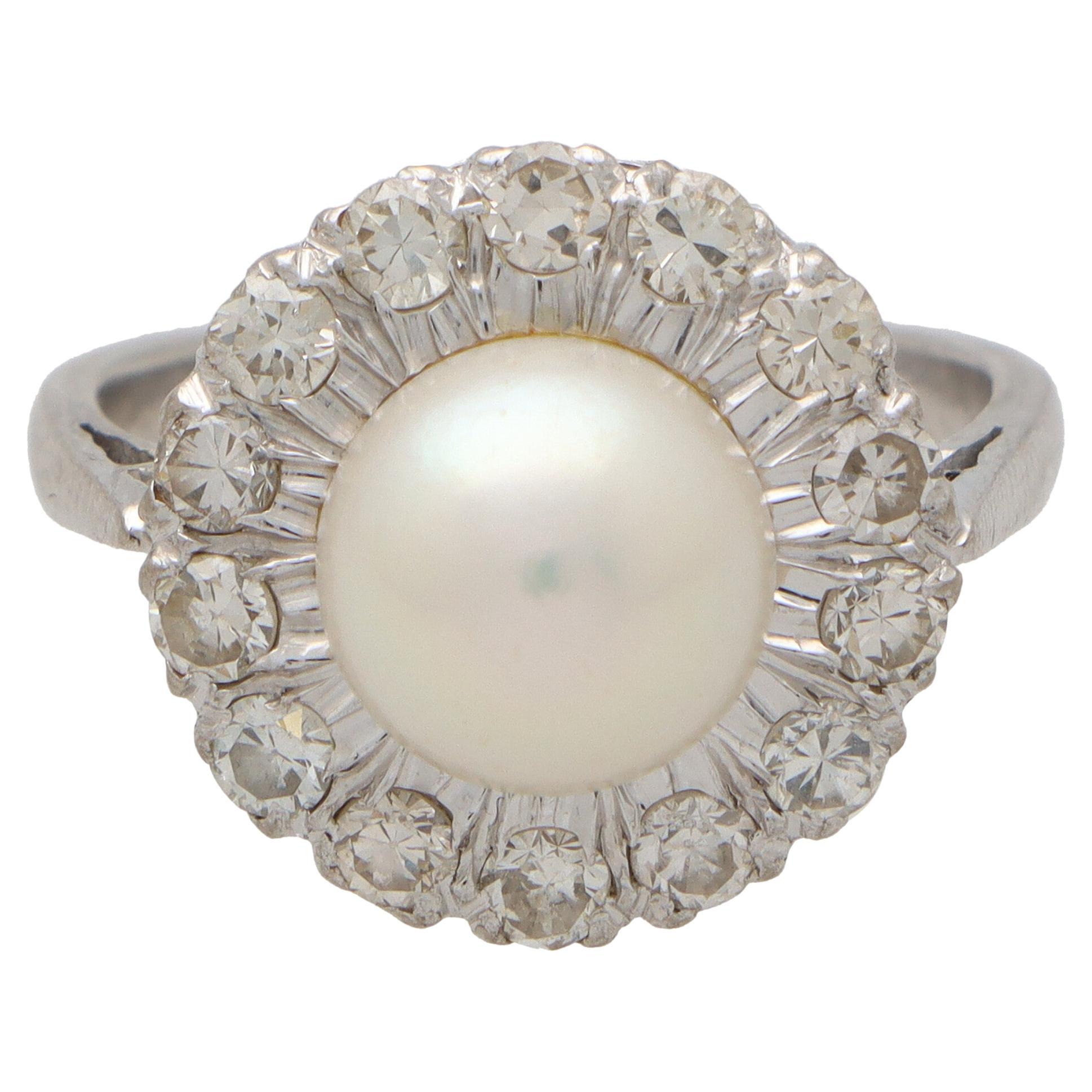 Art Deco Inspired Pearl and Diamond Cluster Ring Set in 18k White Gold