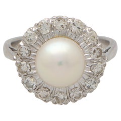 Art Deco Inspired Pearl and Diamond Cluster Ring Set in 18k White Gold